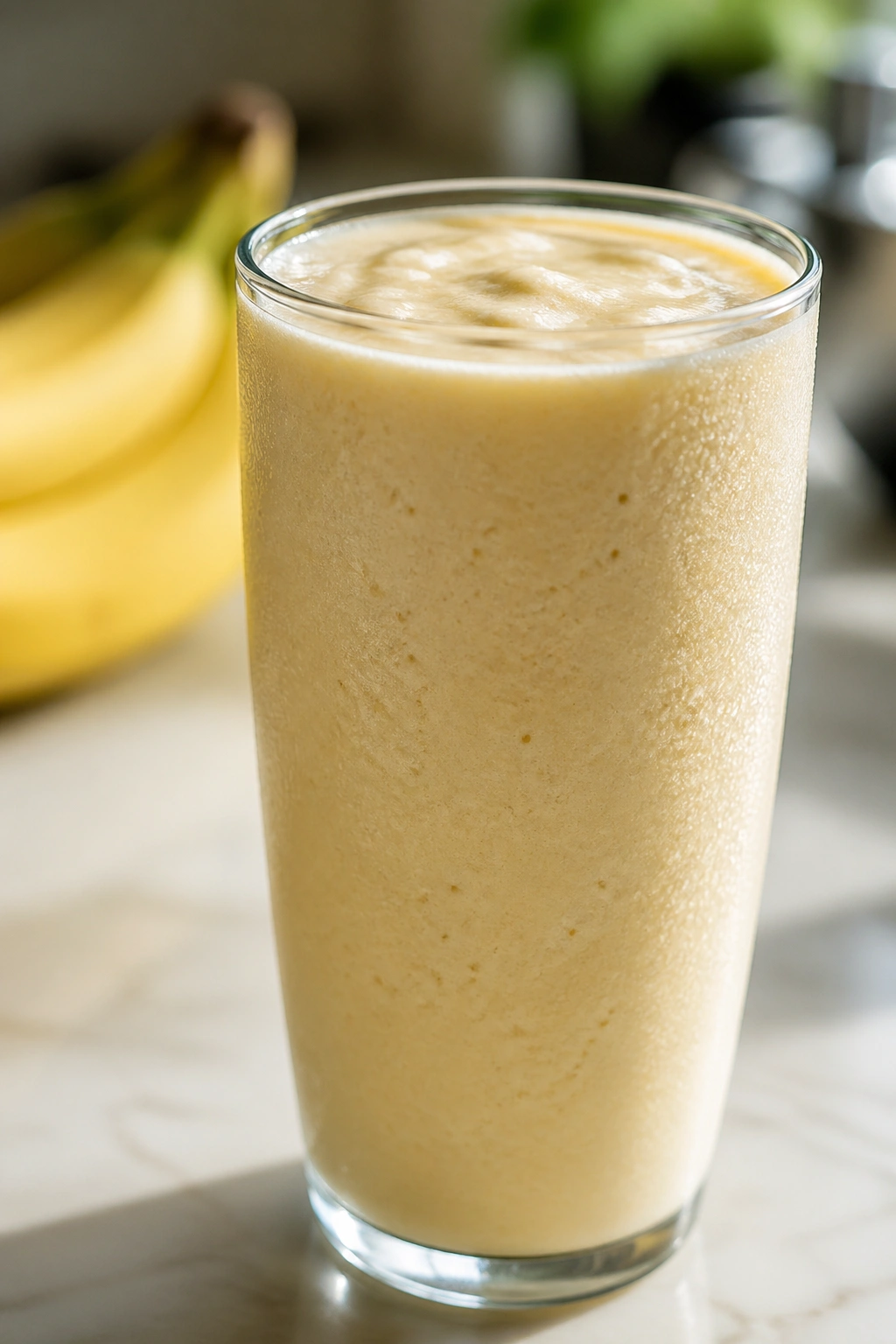 Close-up of a banana protein smoothie in a glass