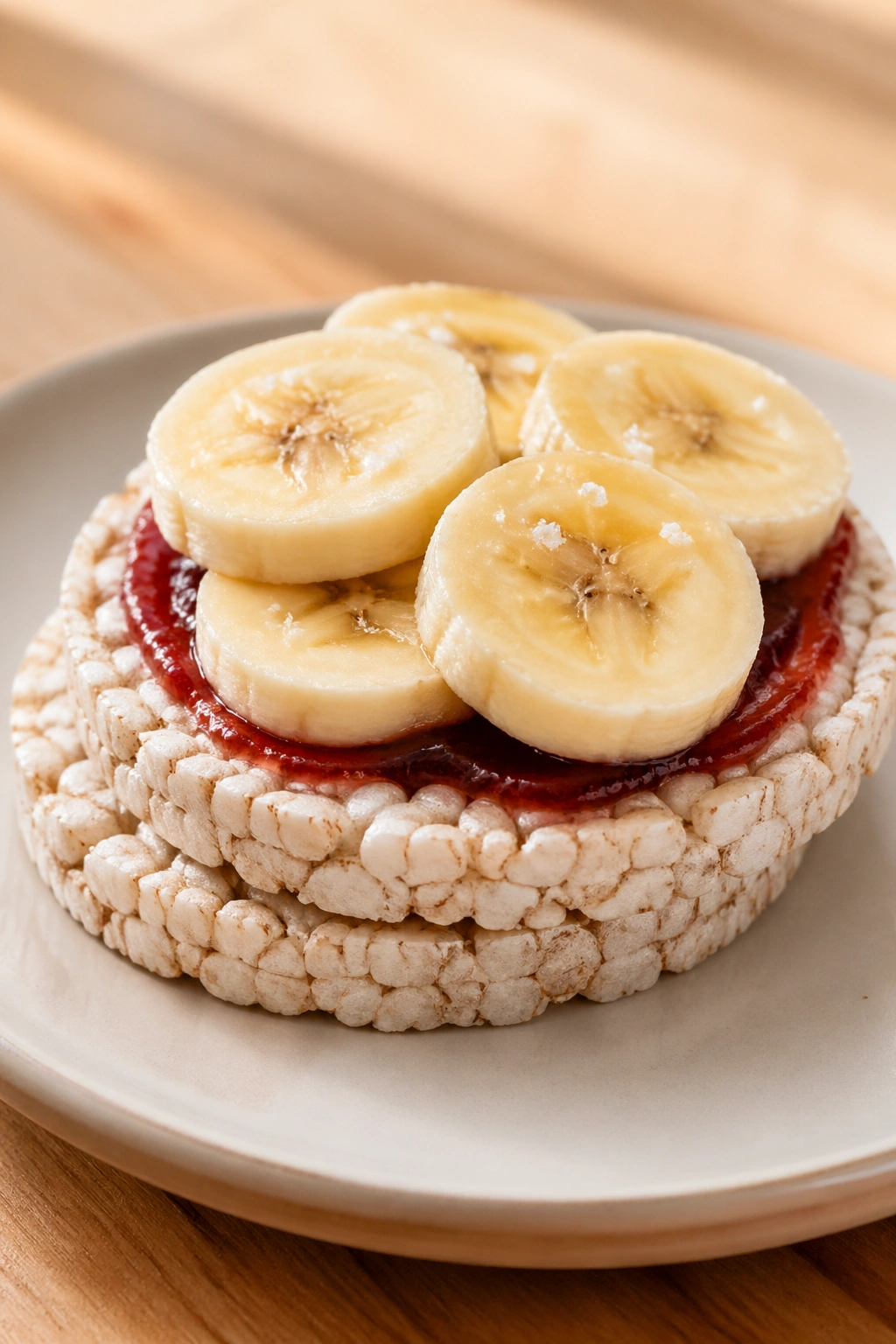 Rice cakes topped with banana slices and jam on a plate
