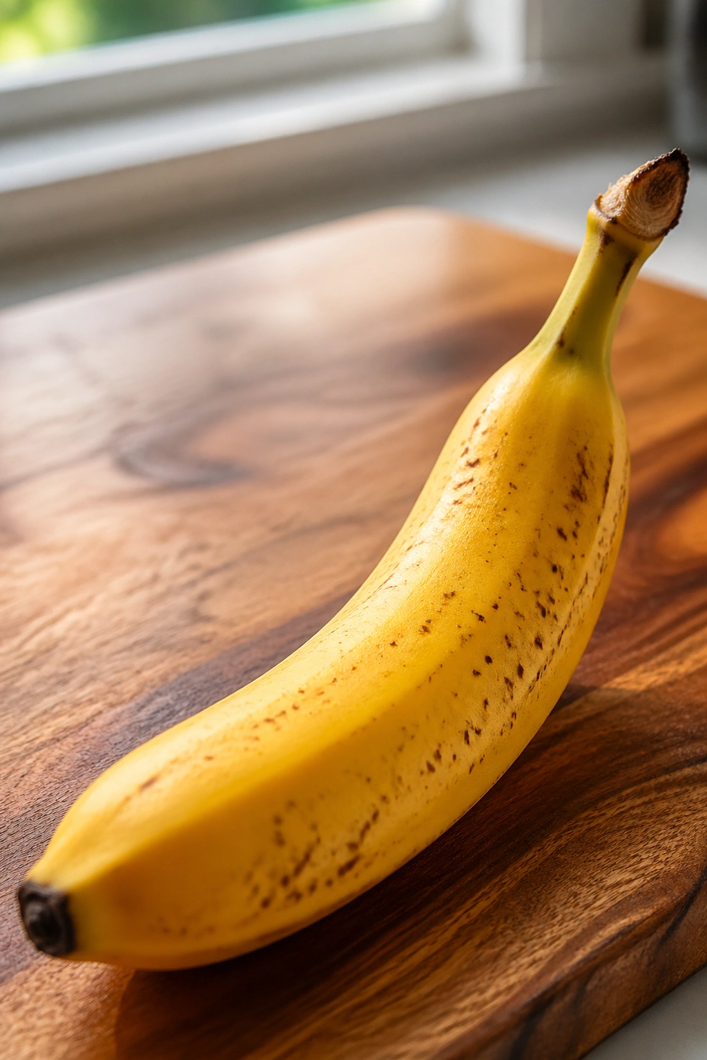 Close-up of a ripe yellow banana filling the frame on a wooden cutting board in a sunny kitchen