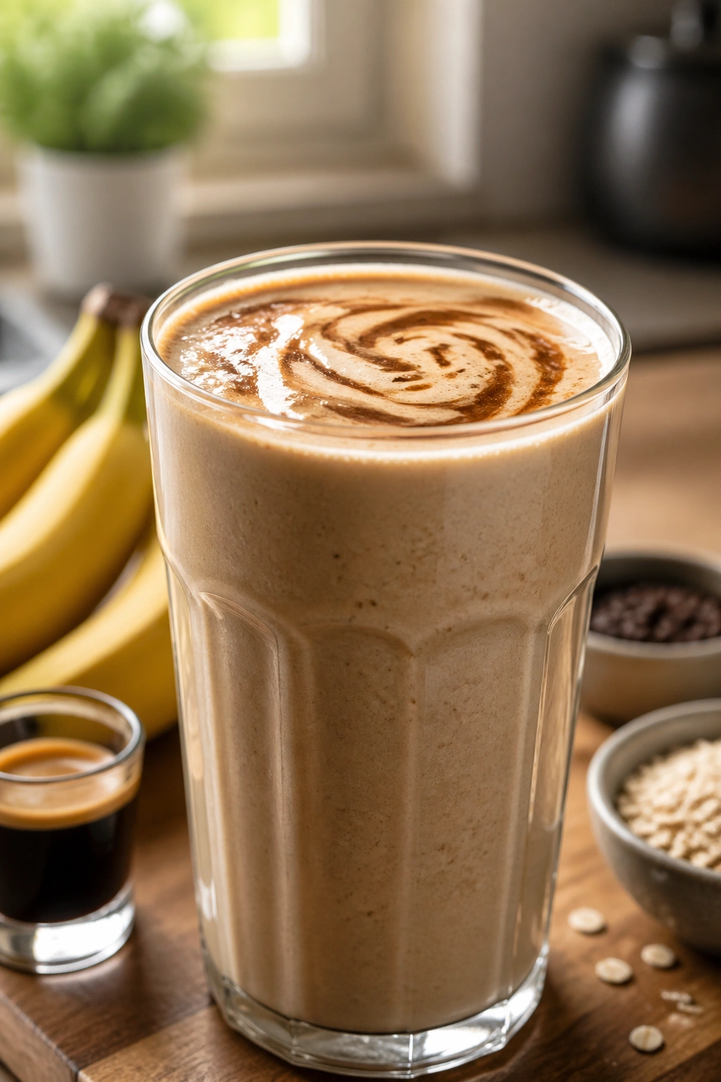 Close-up of banana espresso protein smoothie in a glass.