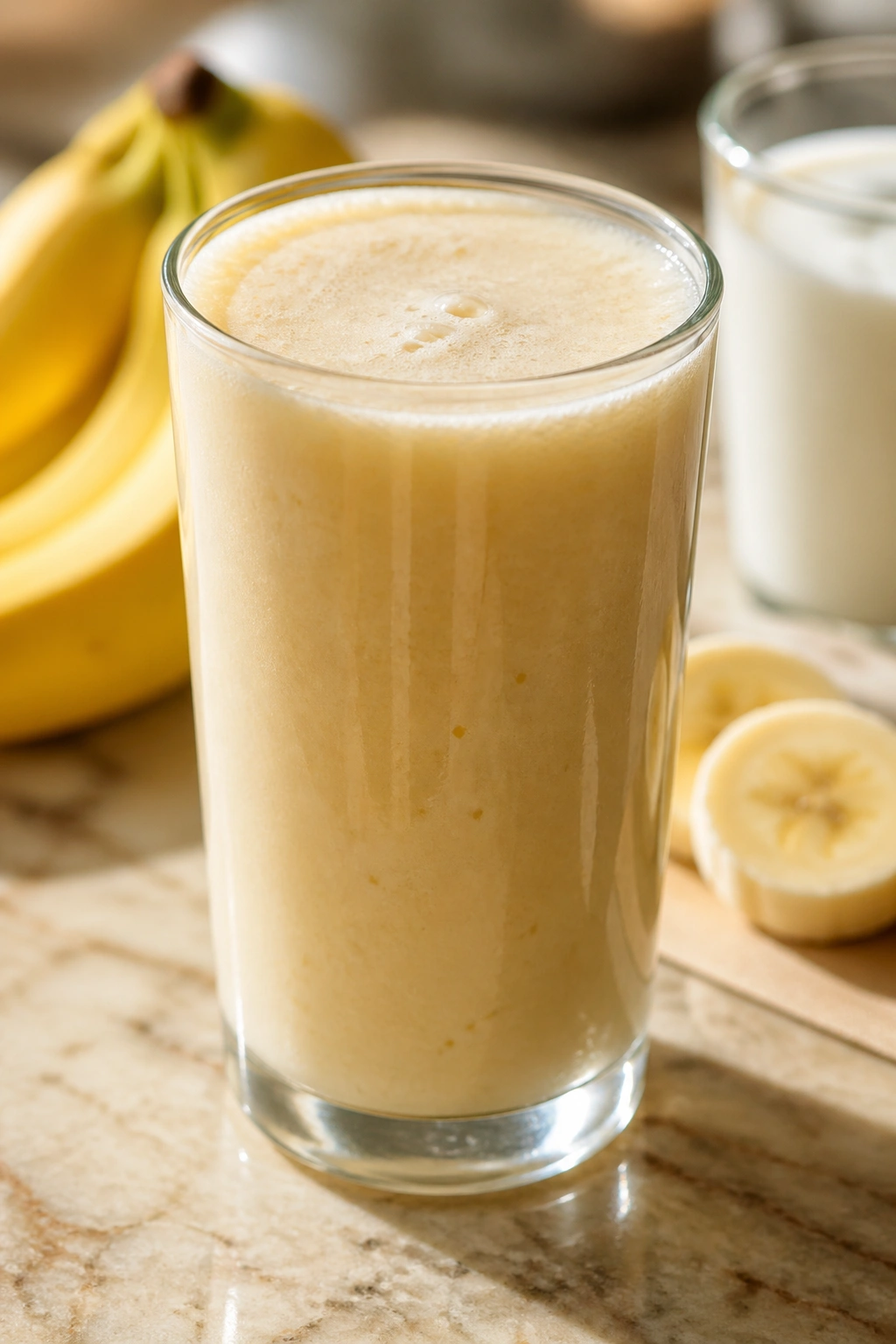 Close-up of a banana smoothie in a glass on a sunlit kitchen counter
