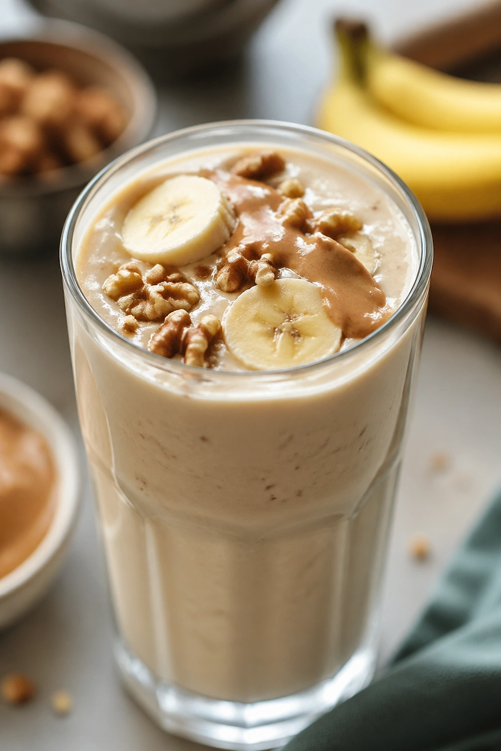 Close-up of a pale-yellow banana-nut butter smoothie in a glass.