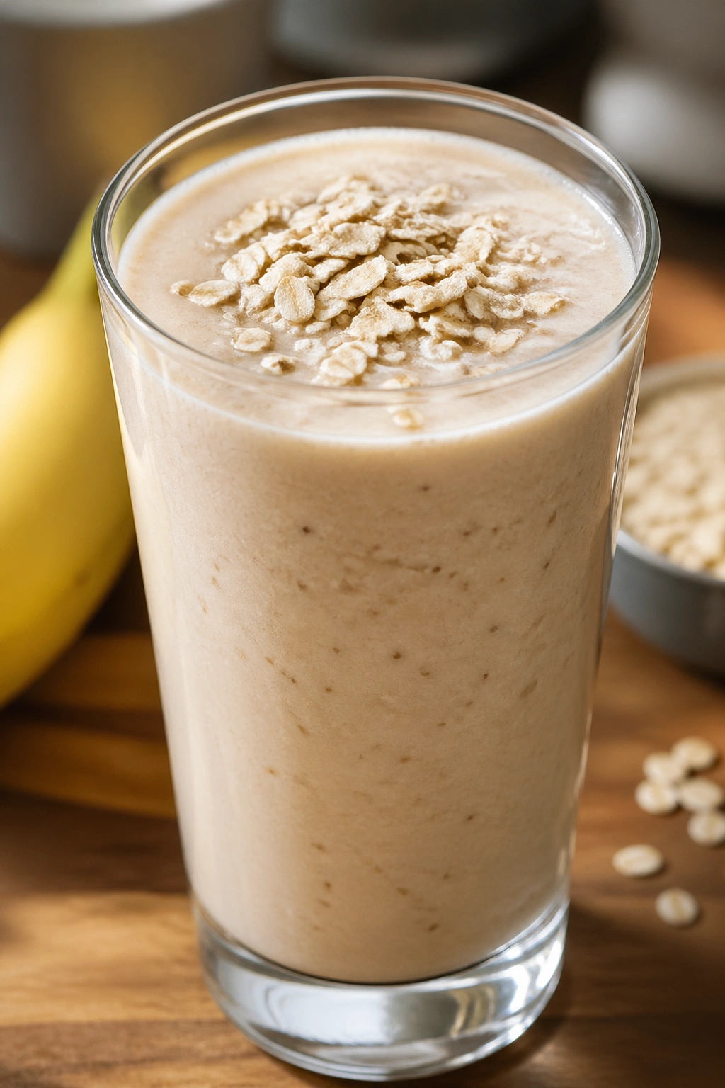 Close-up of a banana smoothie with oats in a glass
