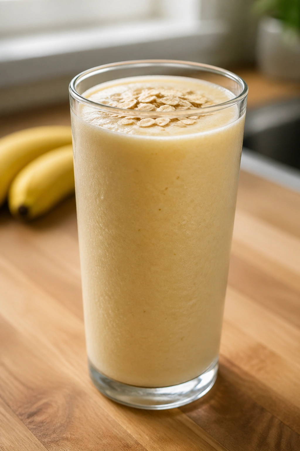 Close-up of banana protein smoothie in a glass with oats on a kitchen counter