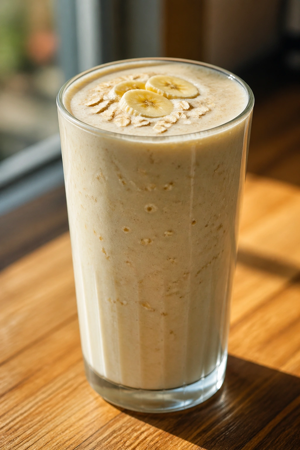 Close-up of banana smoothie with oats in a glass on a wooden table.