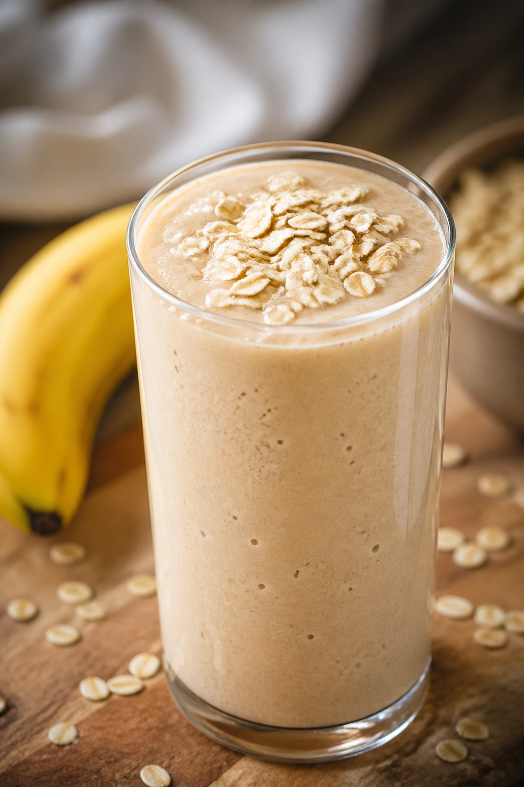 Tall glass of banana protein smoothie with oats on a morning counter