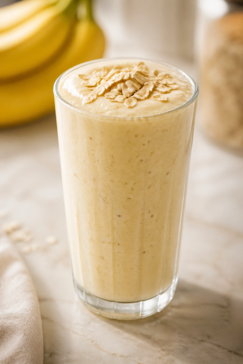 Tall glass of banana smoothie with oats on top on a kitchen counter