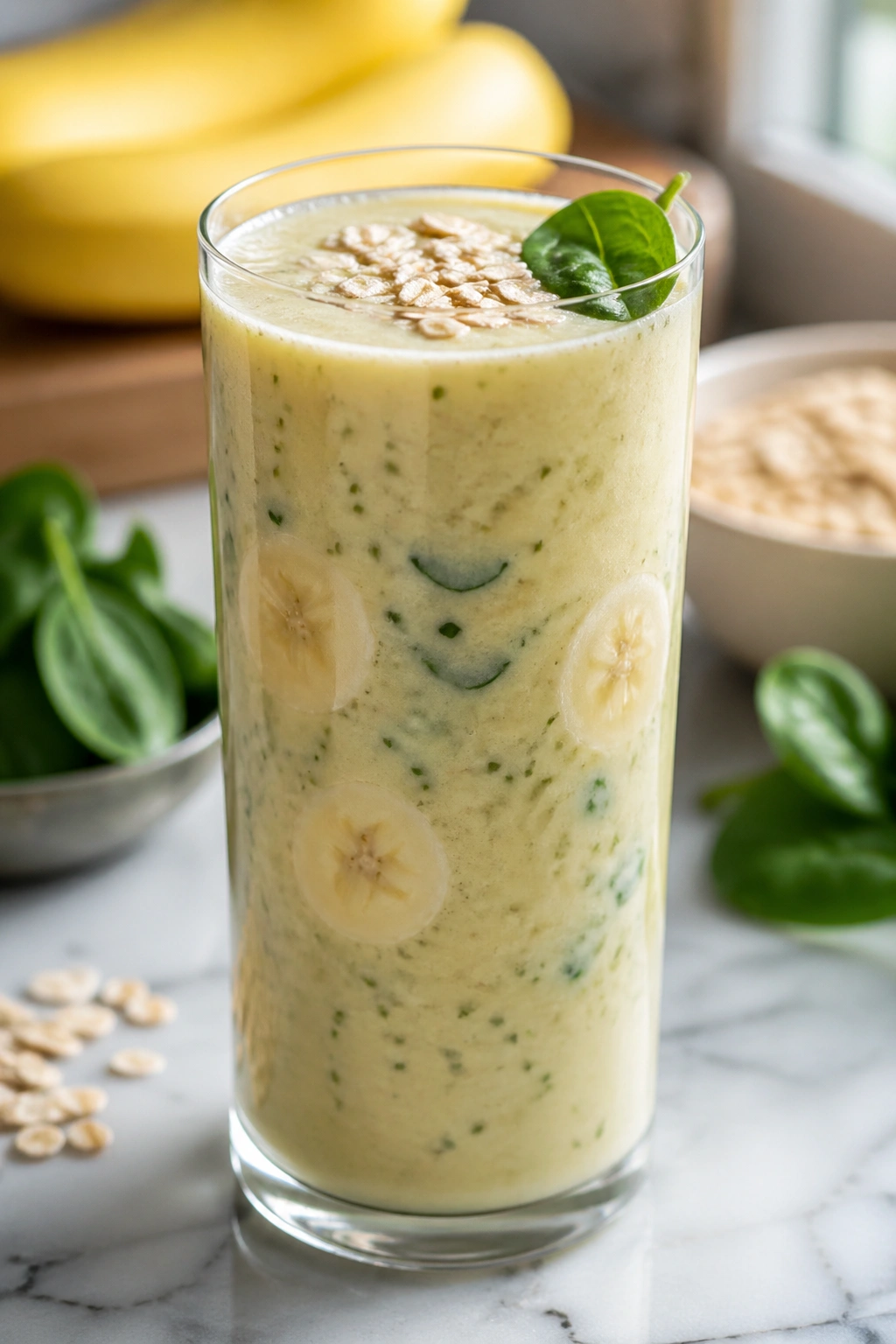 Close-up of banana protein smoothie with spinach in a glass on a bright counter