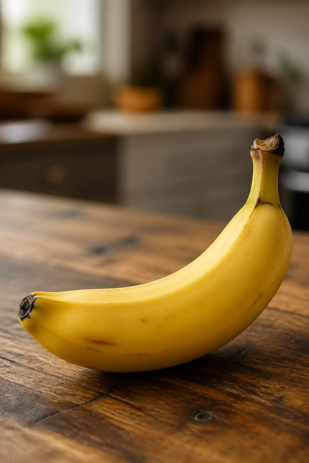 Close-up of a single banana on a wooden counter as a quick pre-workout snack