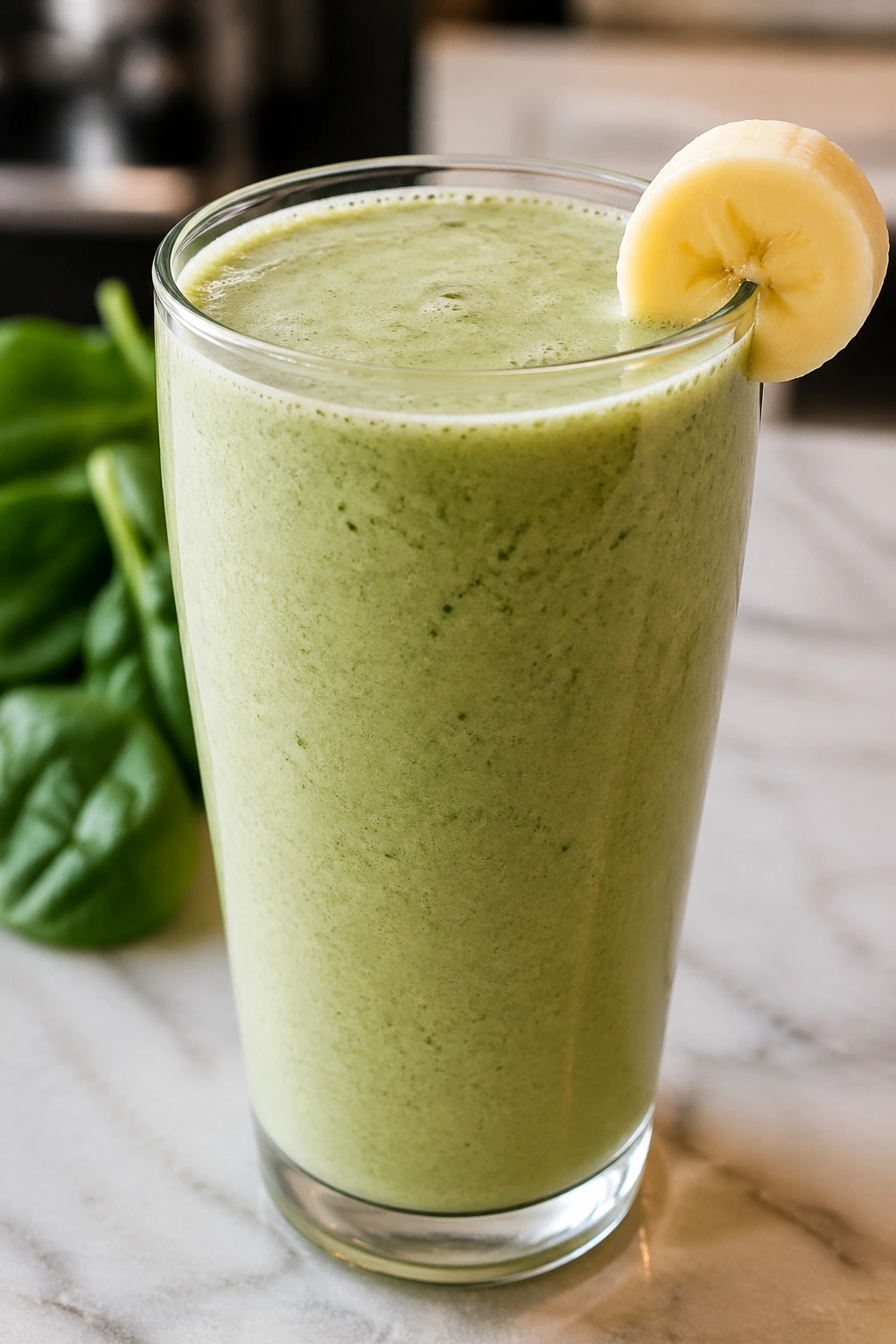 Tall glass of pale green smoothie with banana slice on rim