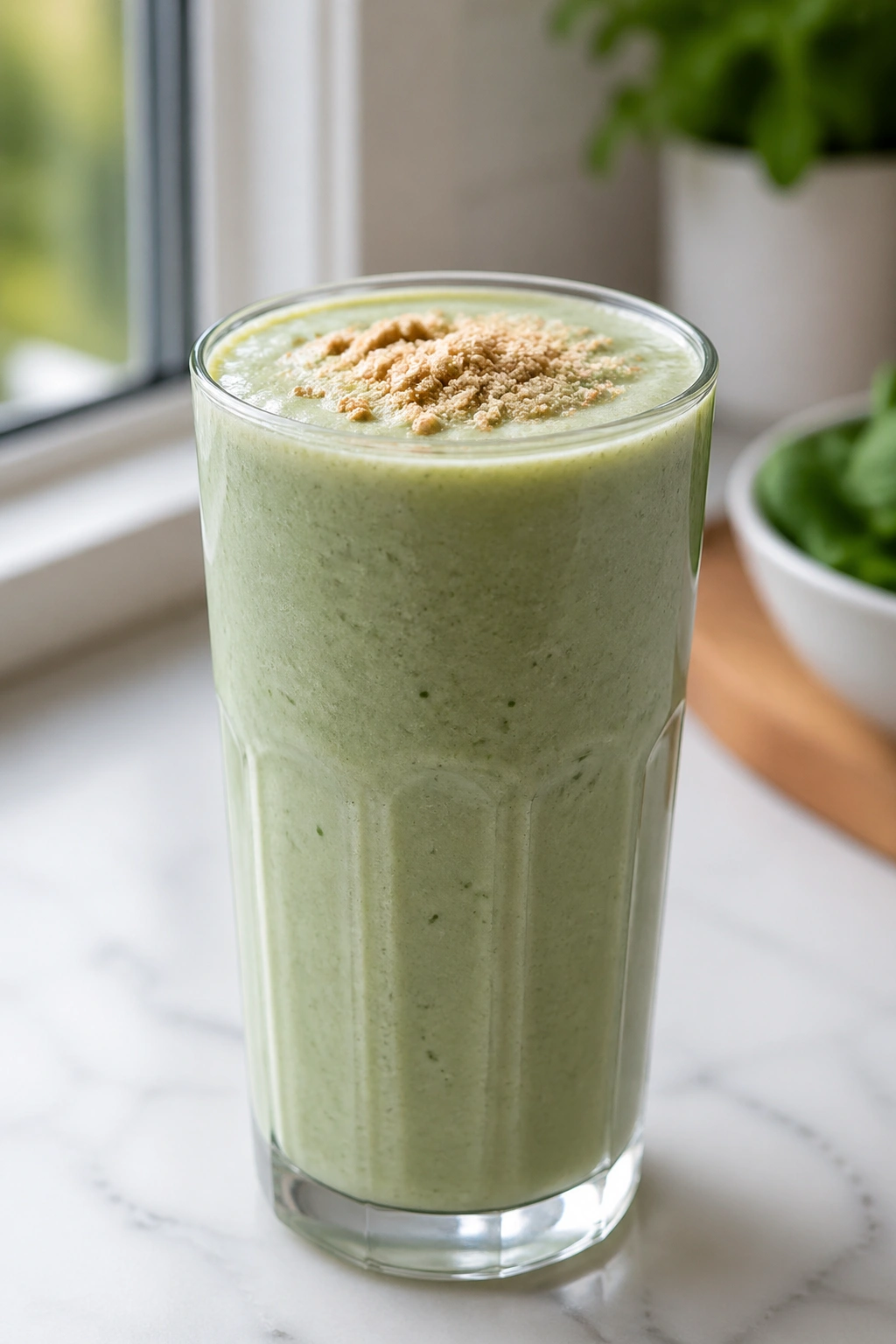 Tall glass of banana spinach whey smoothie with peanut powder