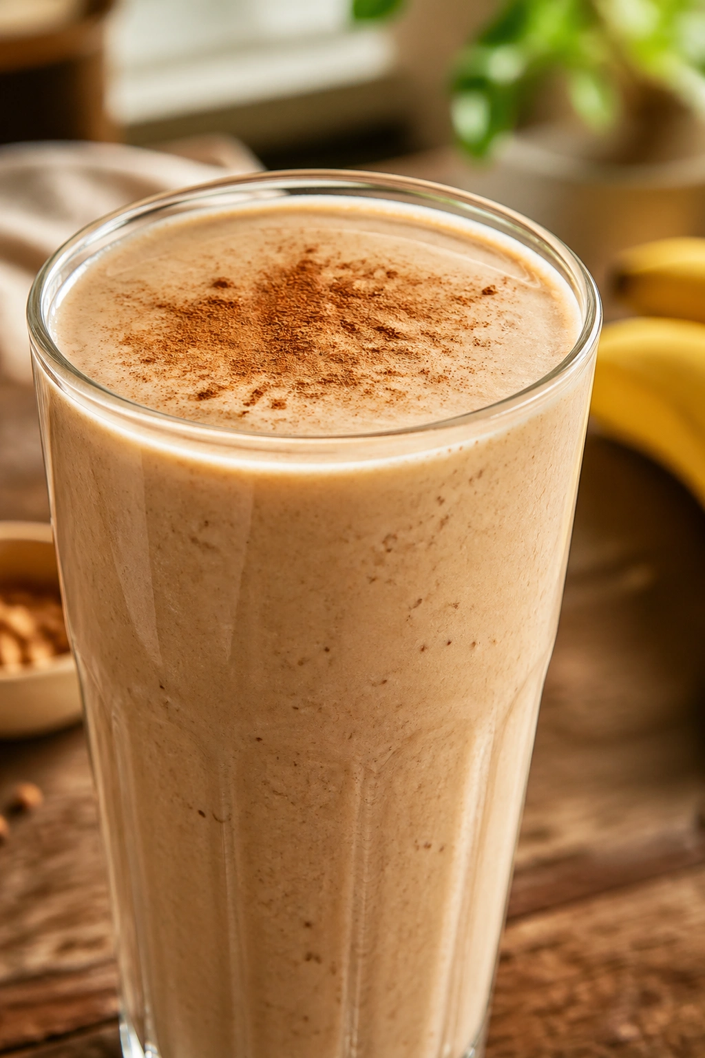 Close-up of a creamy banana tahini cinnamon smoothie in a glass on a wooden counter with warm sunlight