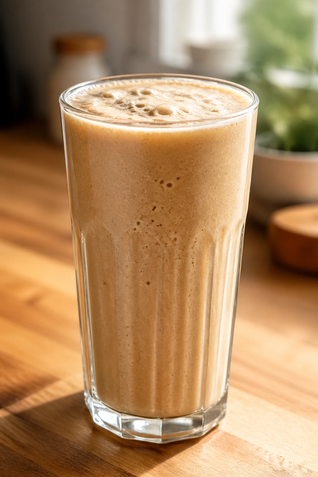 Close-up of banana tahini coffee recovery smoothie in a glass on a wooden counter, creamy and frothy.
