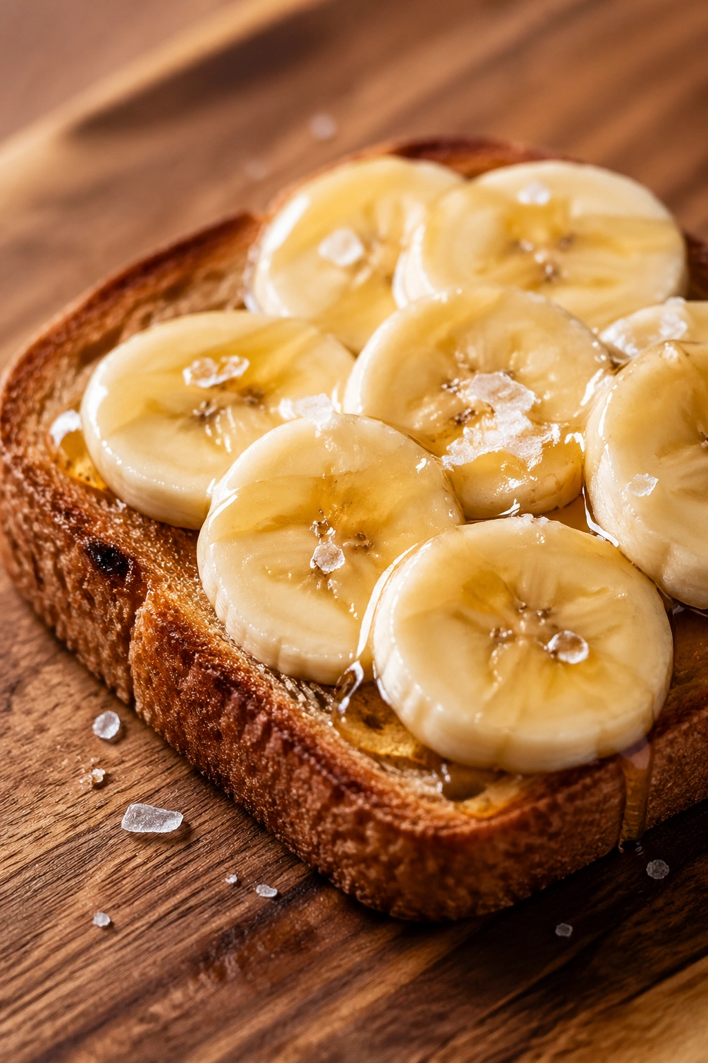 Toast with banana slices, honey drizzle, and salt