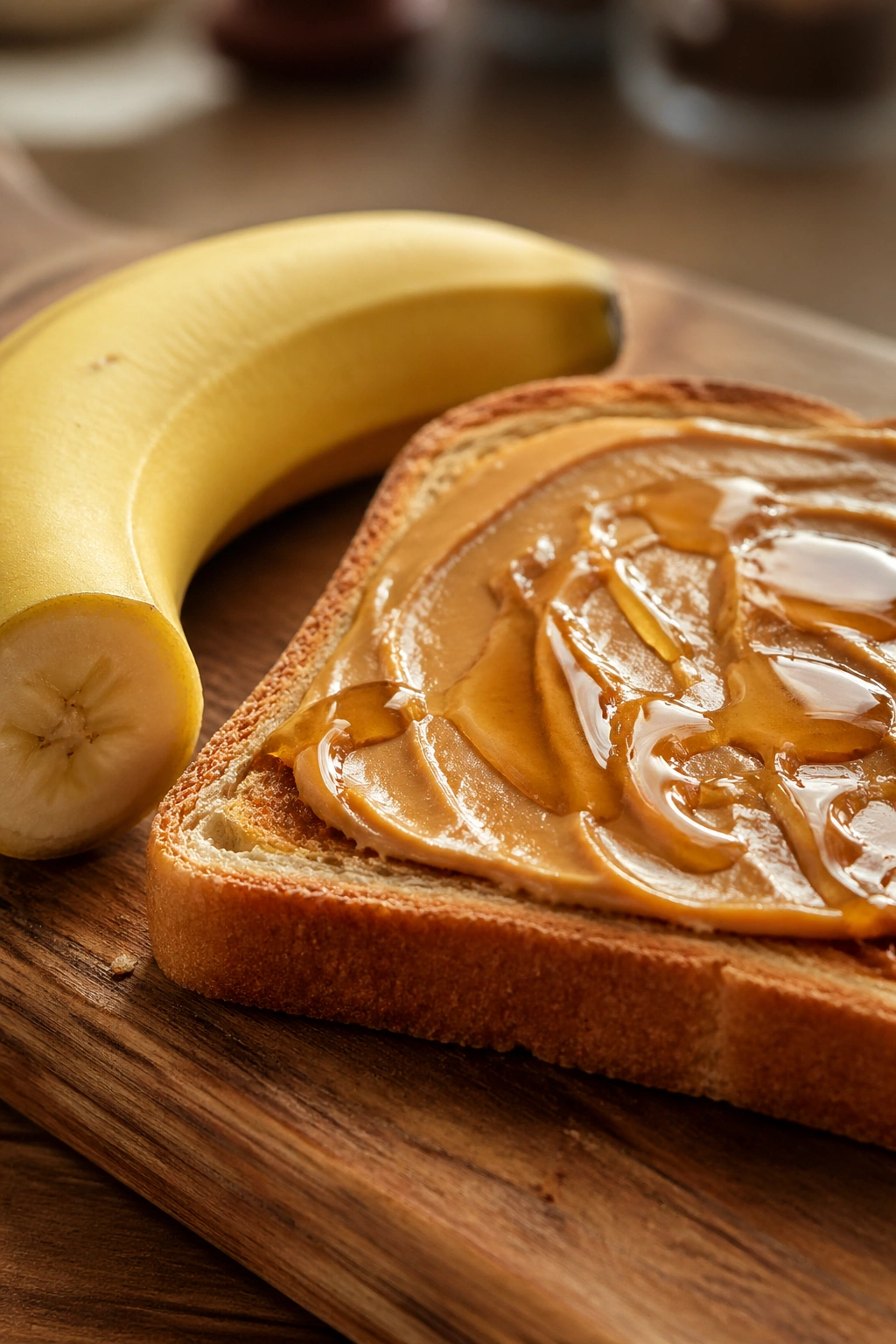 Close-up of banana, toast with peanut butter, and honey on a wooden board