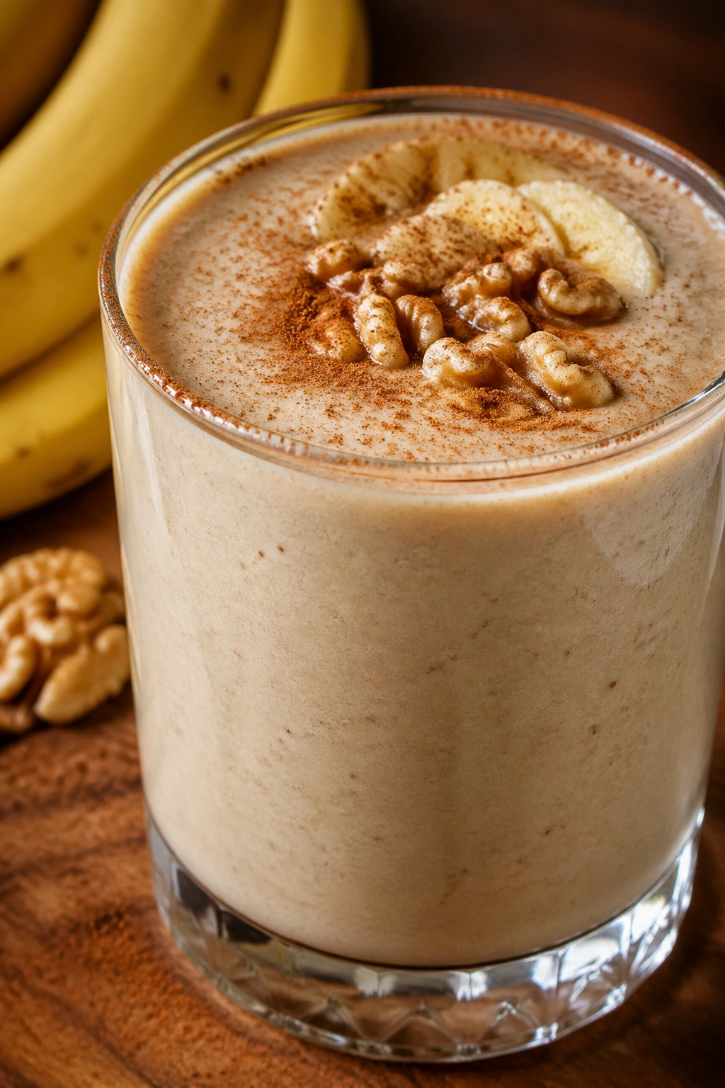 Close-up of a banana walnut cinnamon smoothie in a glass on a kitchen counter