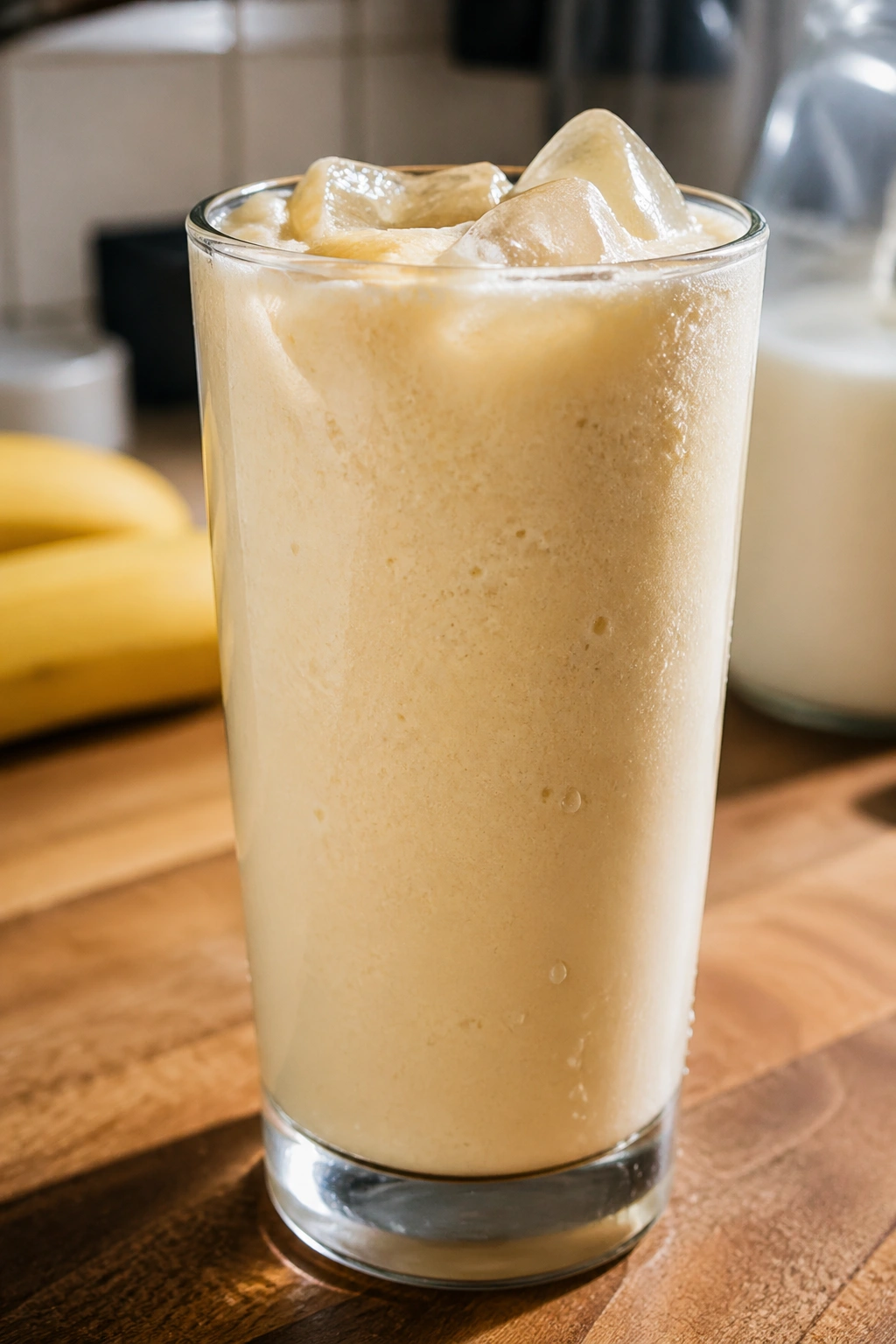 Banana whey shake with ice in a glass