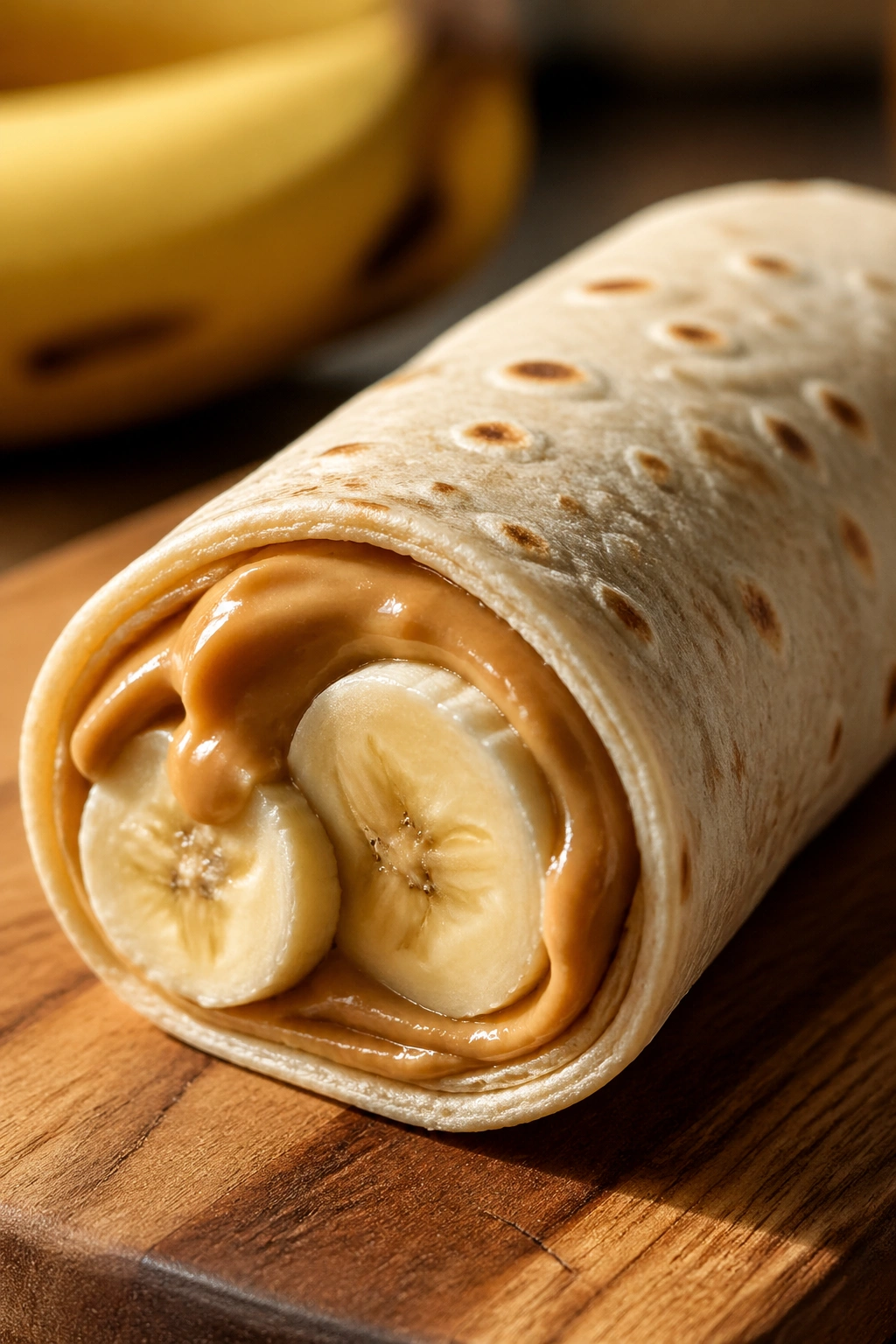 Close-up of a banana peanut butter wrap on a wooden board, a top post-workout snack