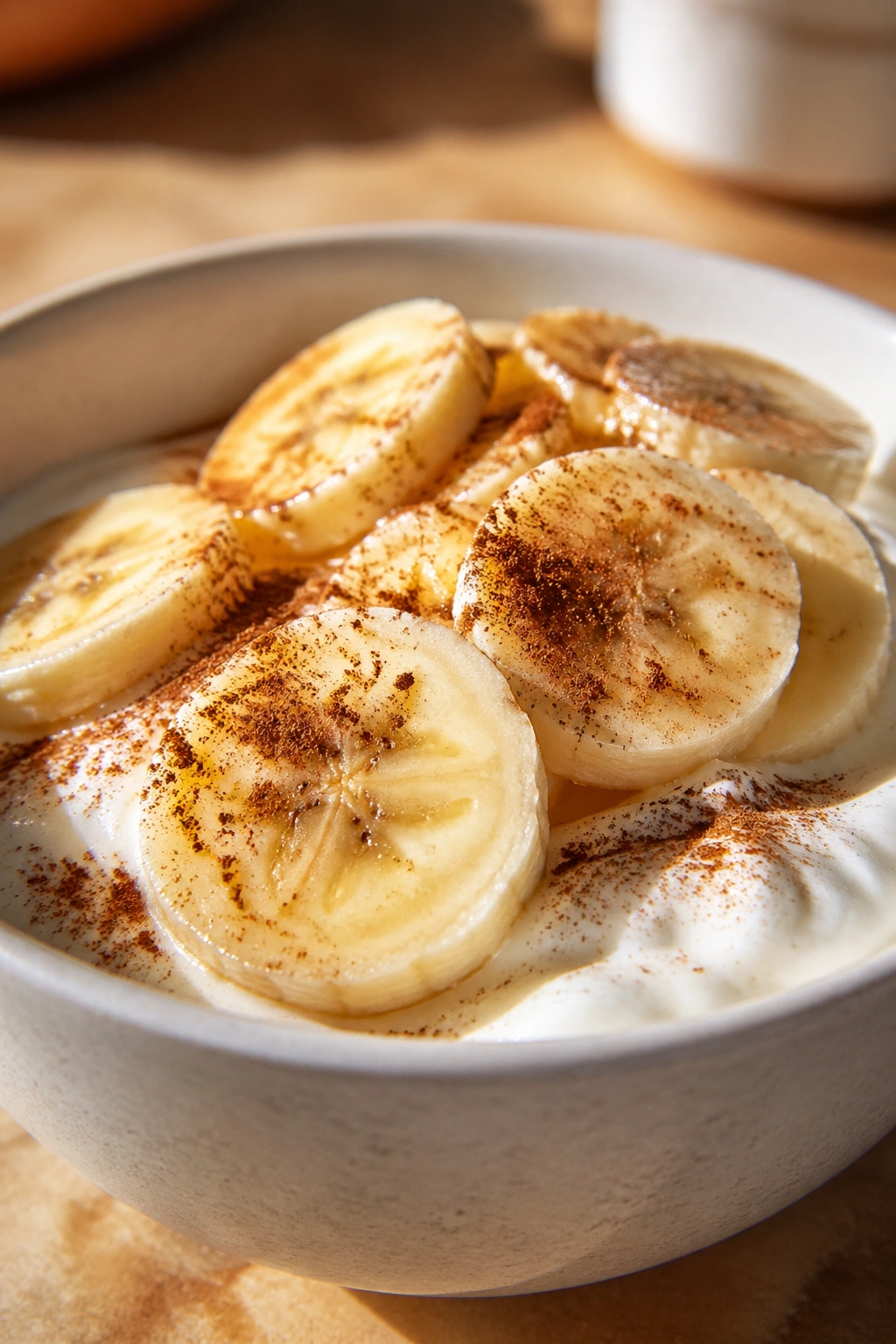 Close-up of banana slices with Greek yogurt and cinnamon in a small bowl