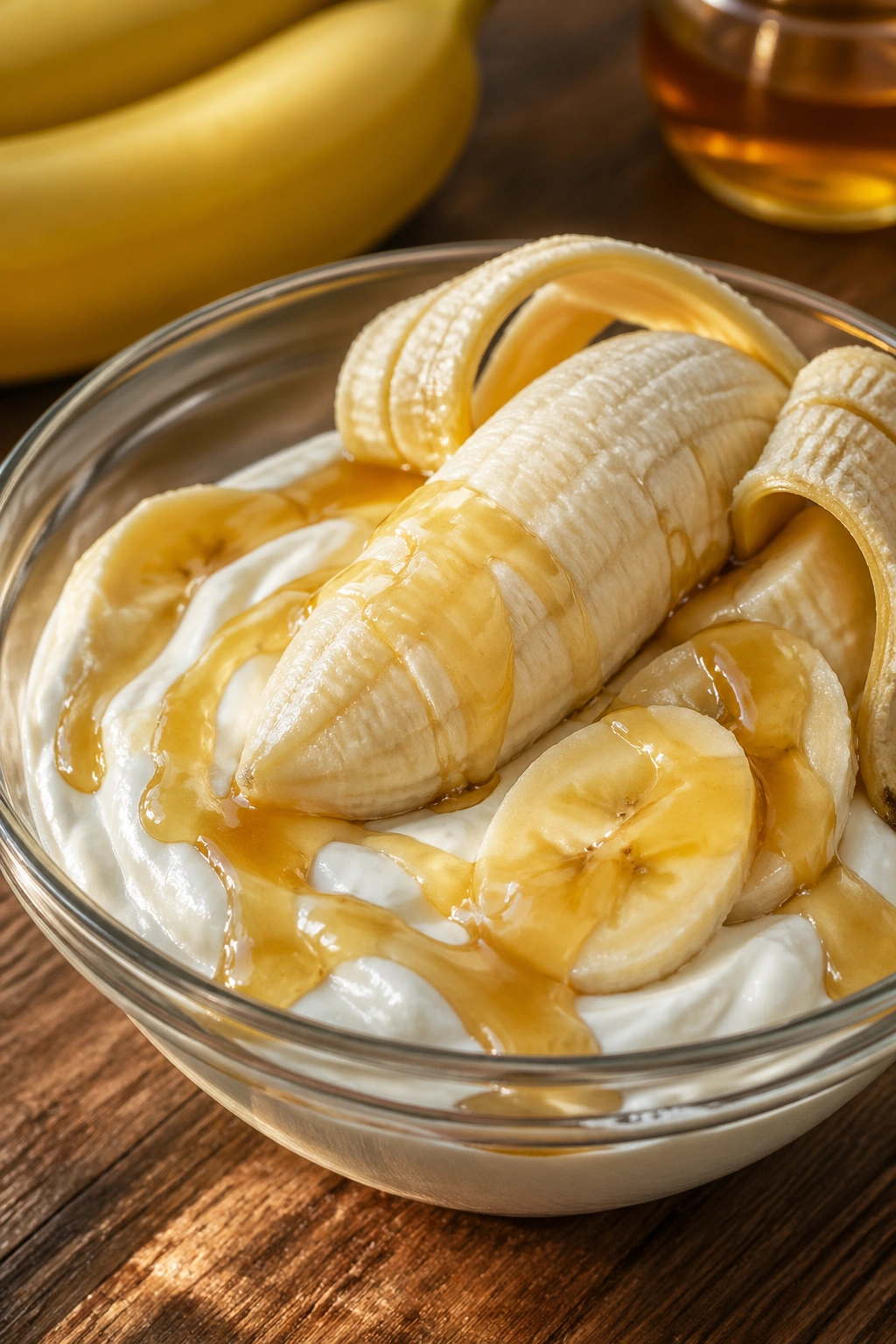 Close-up of banana, yogurt, and honey arranged in a bowl for a pre-workout breakfast