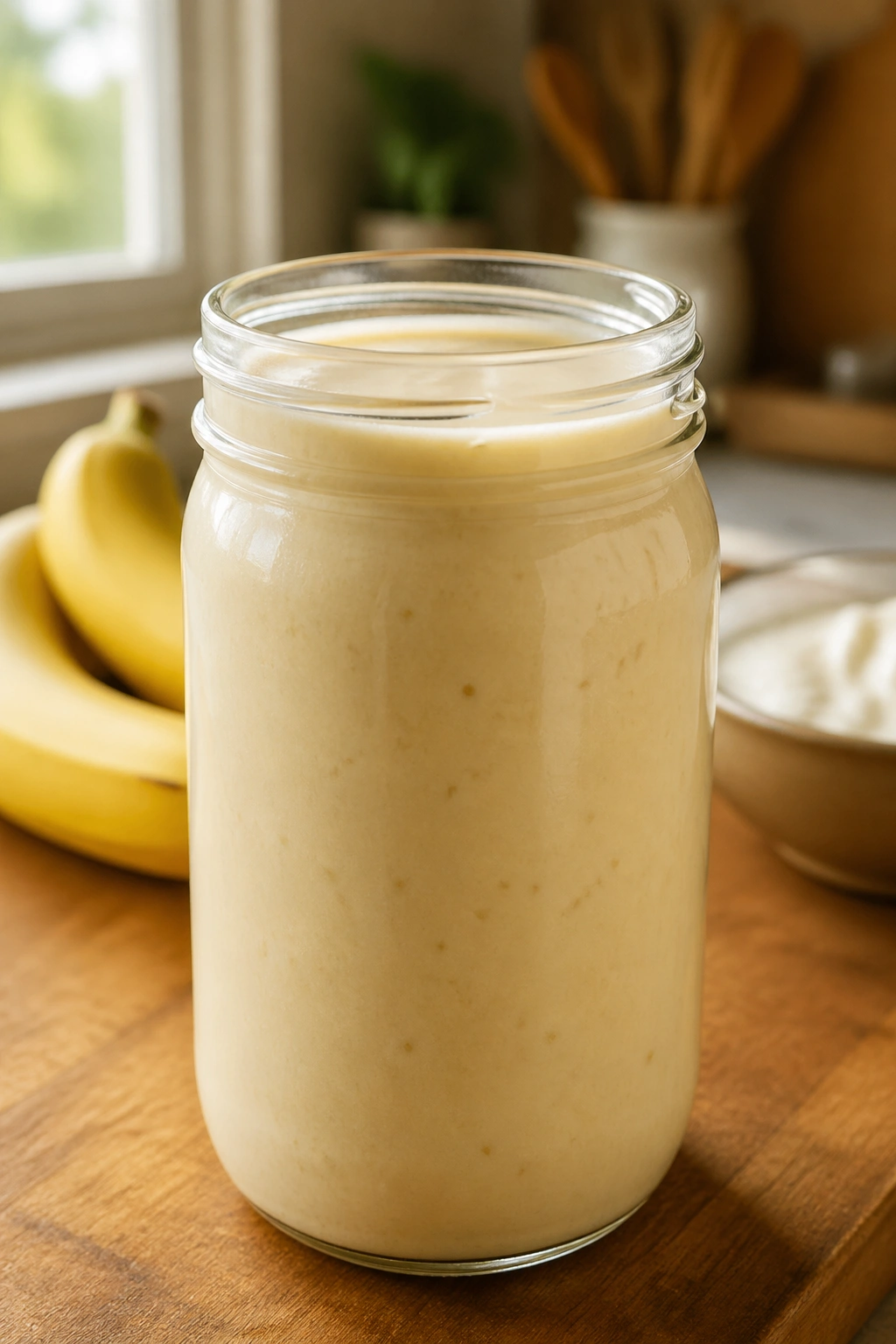 Close-up of a glass jar with banana-yogurt smoothie on a kitchen counter