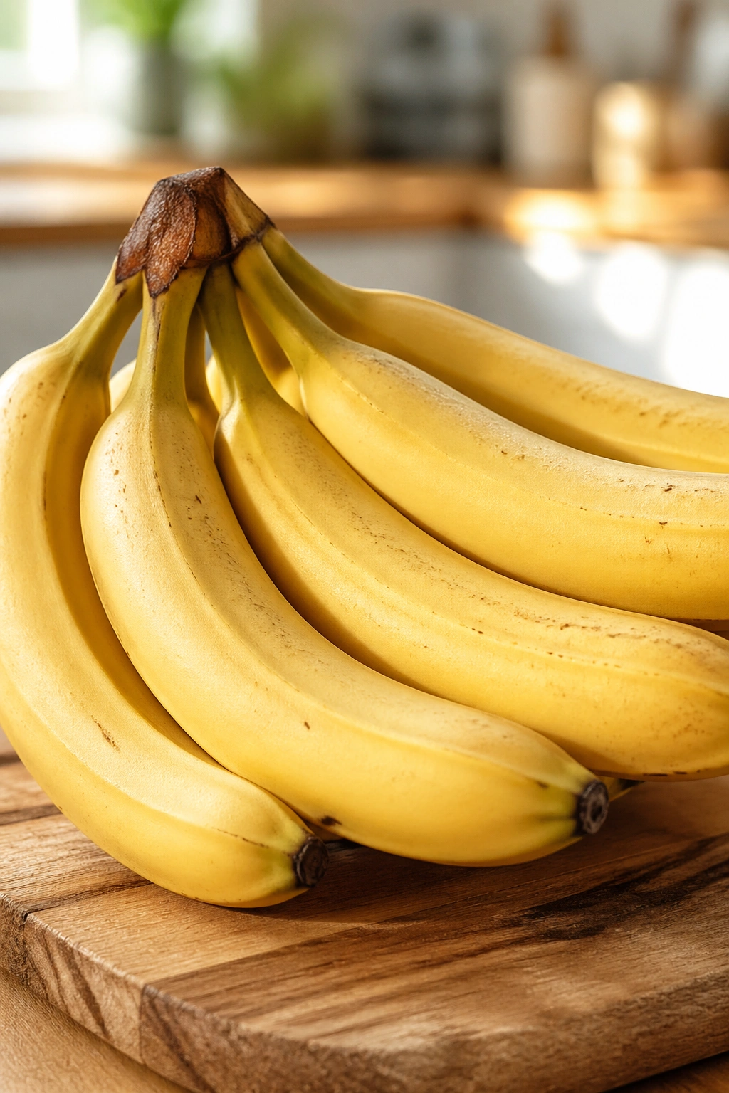 Close-up of ripe bananas on a wooden cutting board in a sunlit kitchen