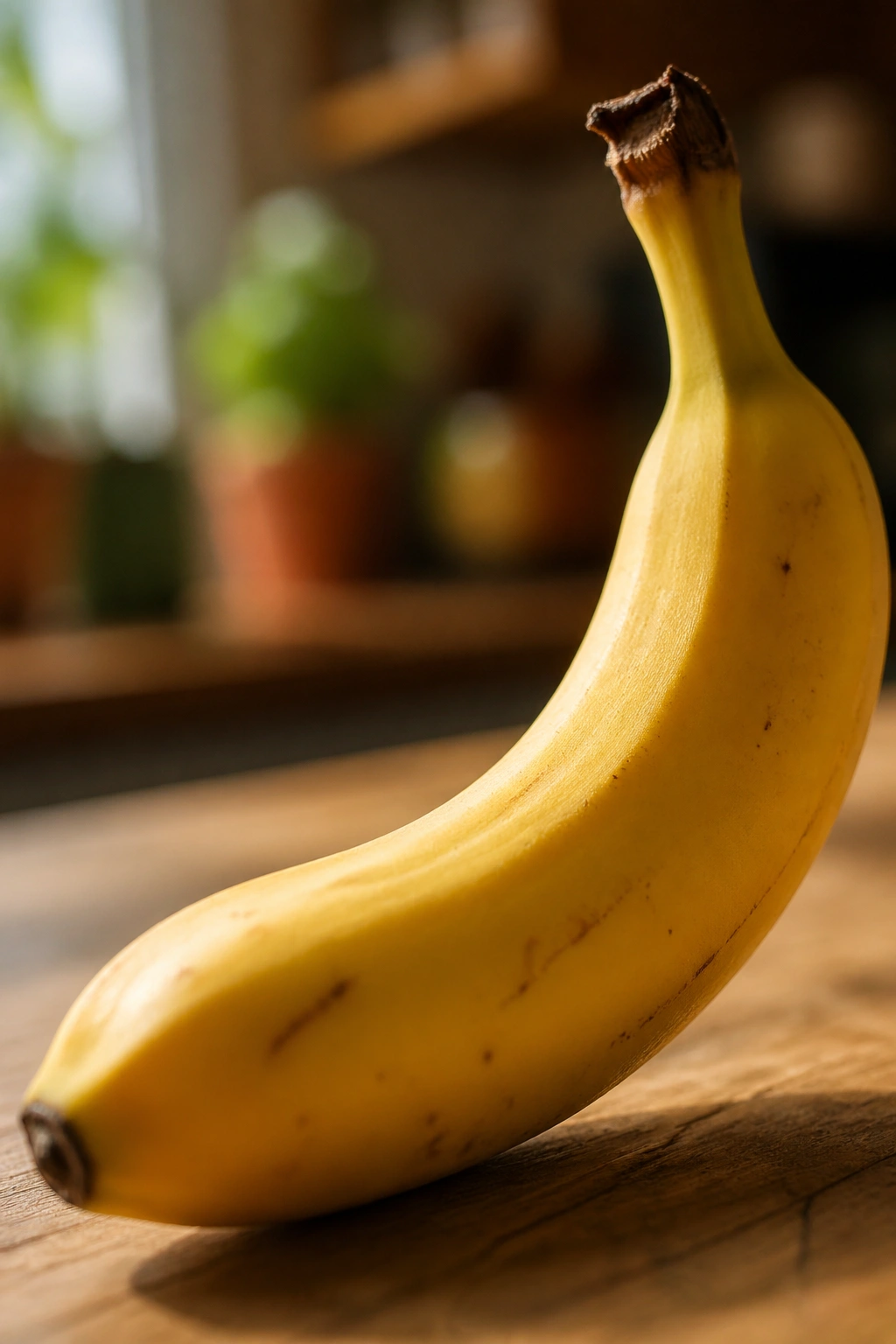 Close-up of a ripe banana filling the frame on a wooden surface with warm light.