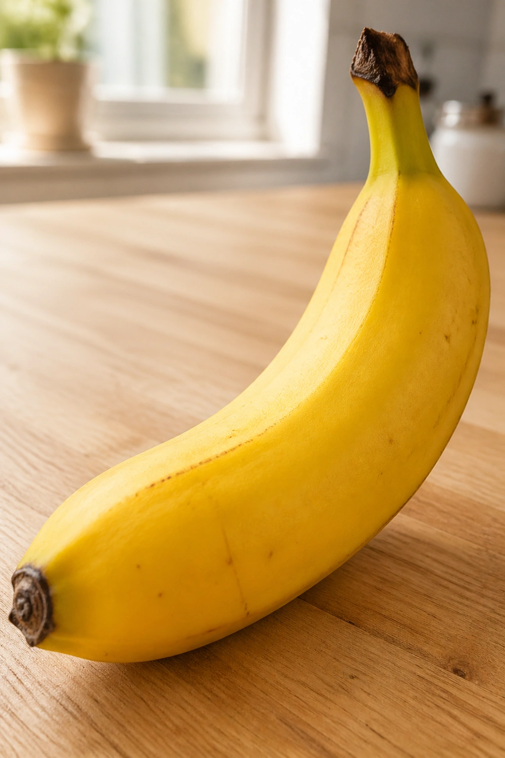 Close-up of a ripe banana on a wooden surface; post-workout carb