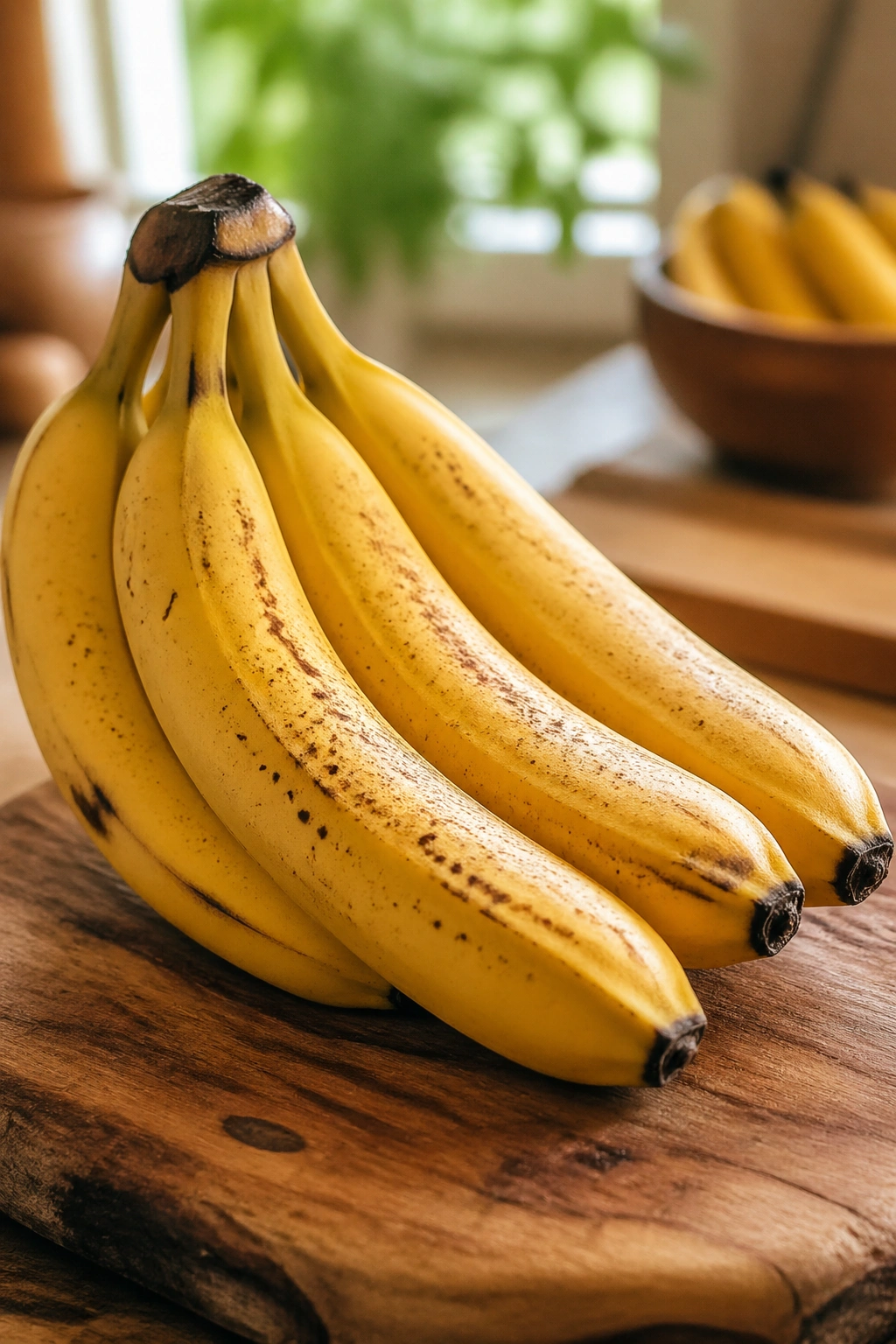 Close-up of ripe bananas on a wooden board in a warm kitchen