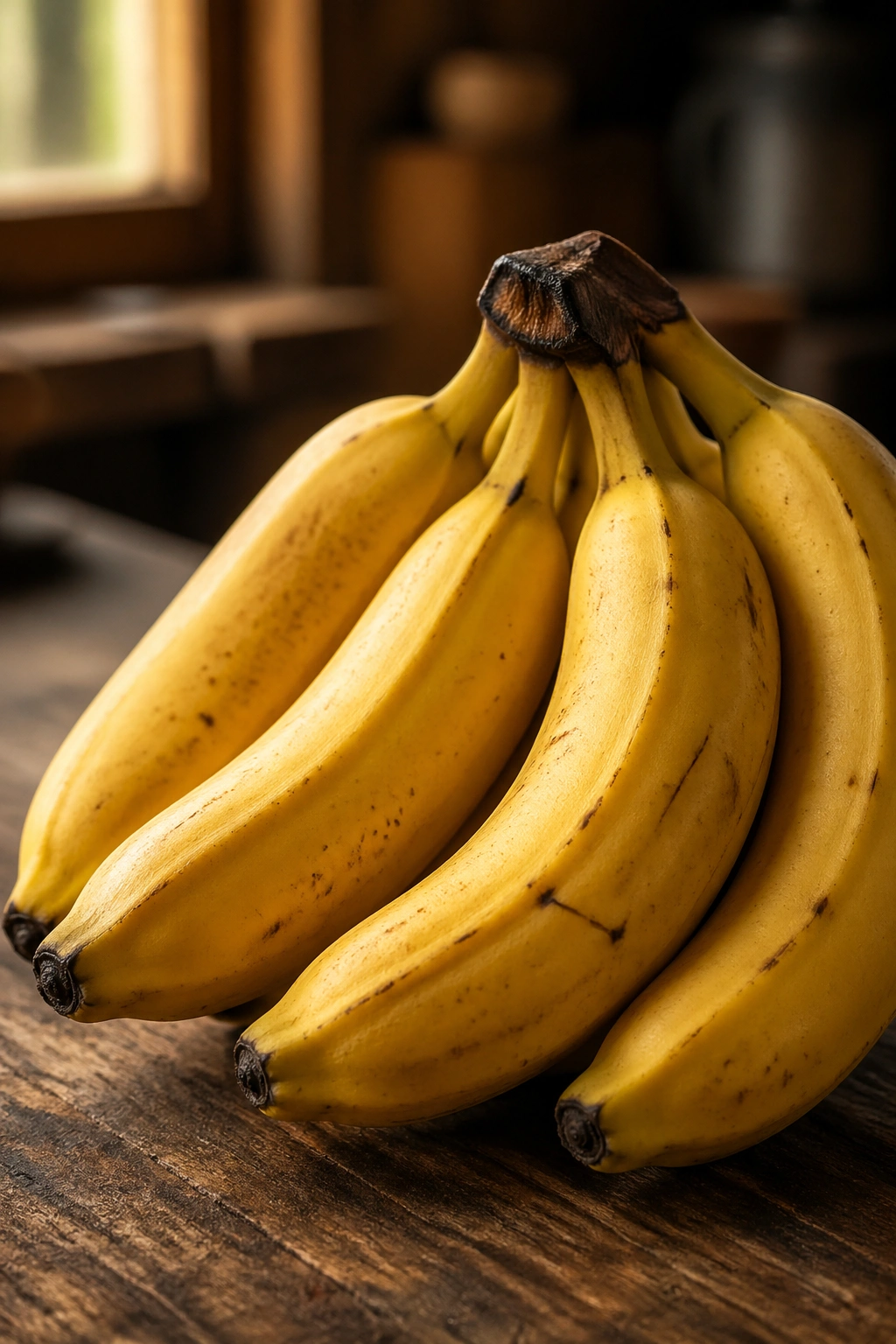 Close-up of bananas filling the frame on a wooden kitchen counter