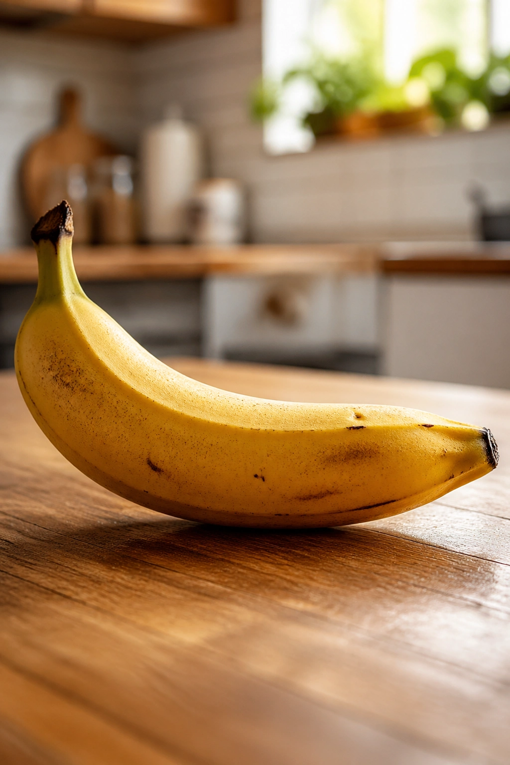 Close-up of a ripe banana on a wooden kitchen counter, ready as a quick pre-workout snack