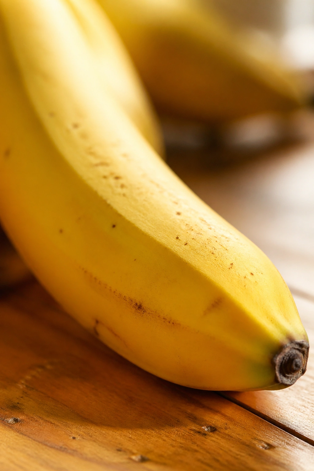 Ripe banana on a wooden counter with warm light