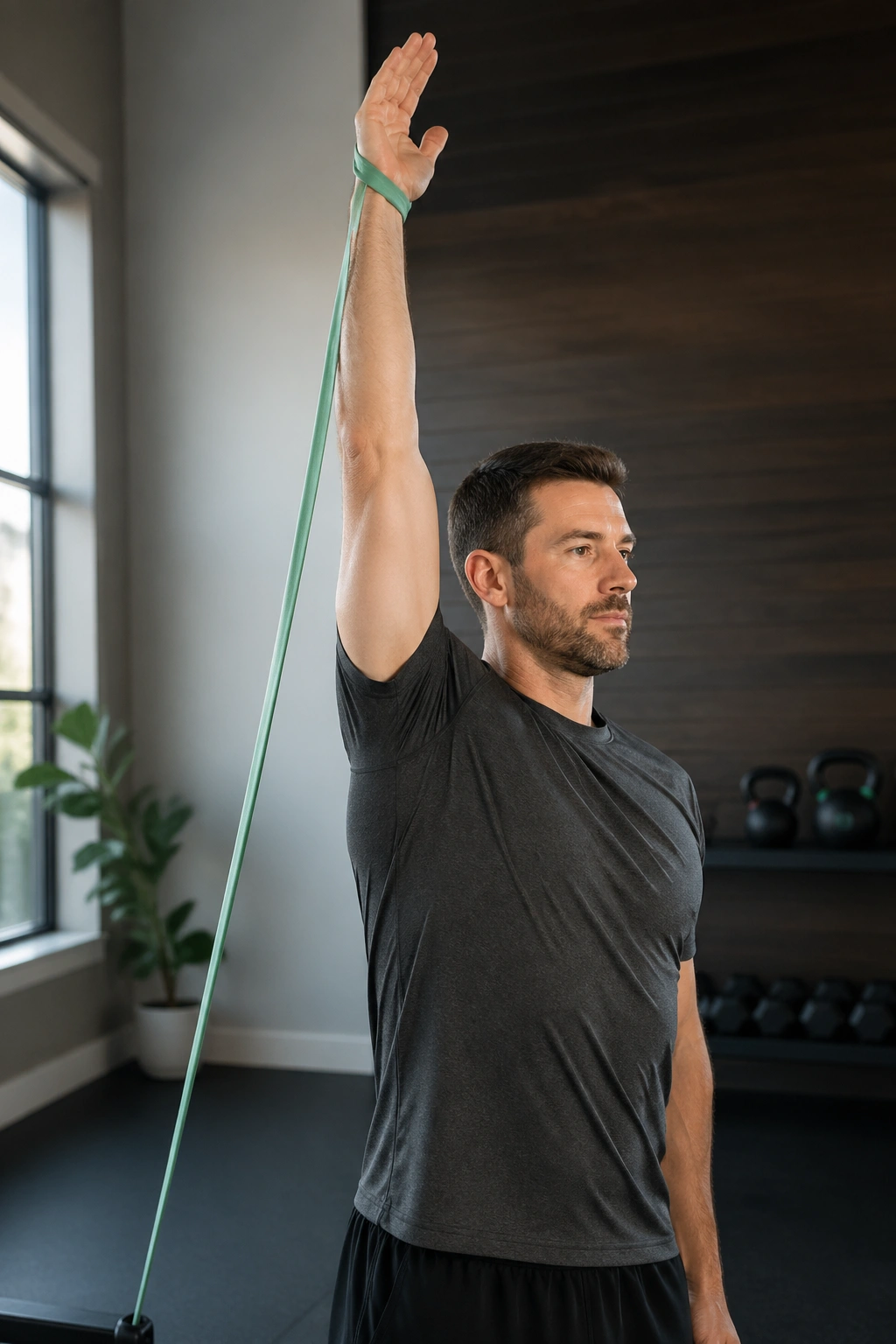 Medium close-up of a person performing band-assisted overhead flexion