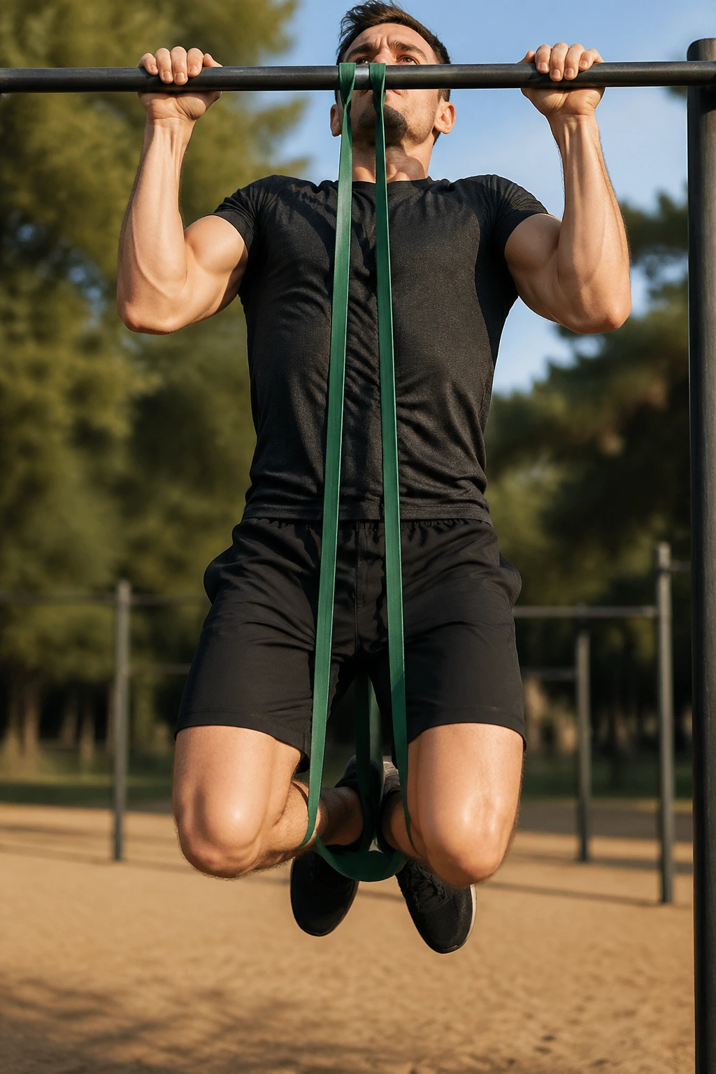 Athlete performing band-assisted pull-up with band under knees
