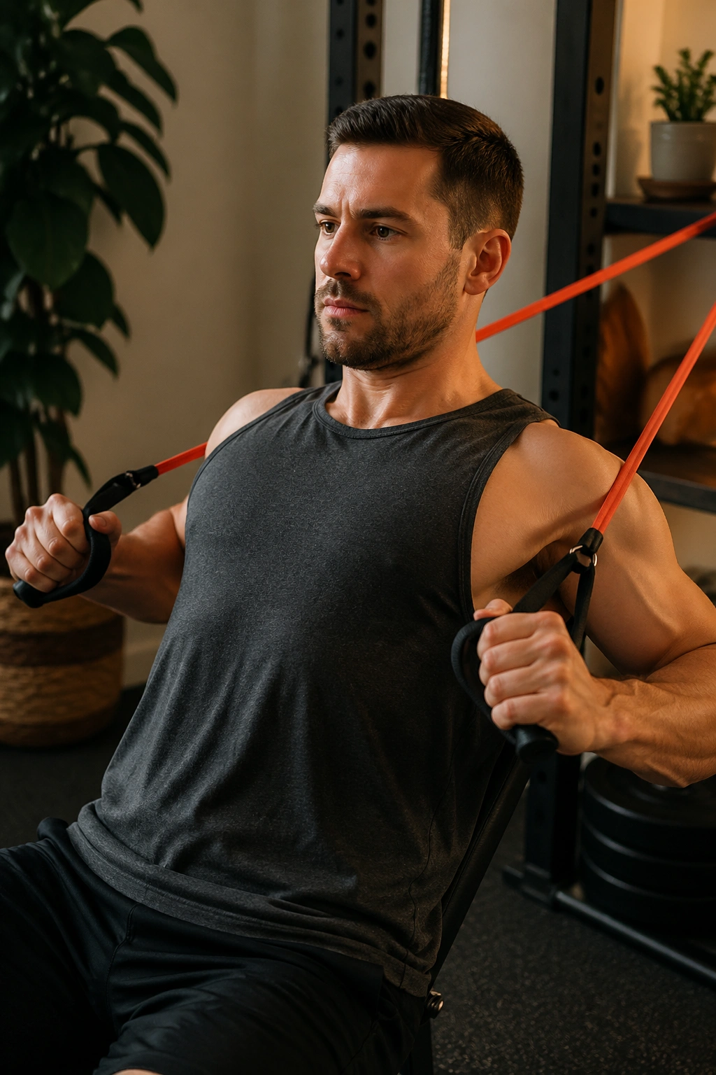 Person performing resistance band chest press with slow lowering at home