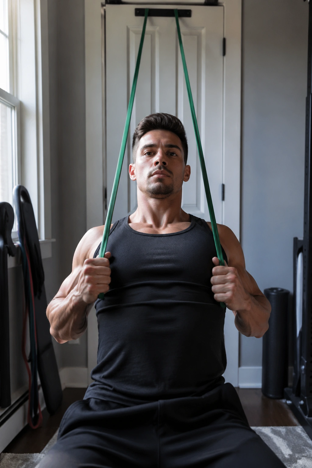 Person performing band lat pulldown hold-release in a home setup.