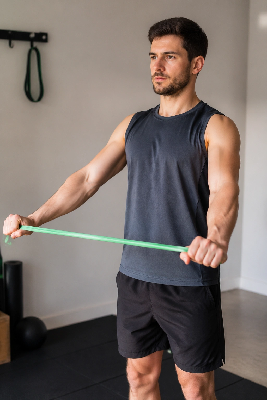 Person performing band pass-throughs for better shoulder flexion with controlled motion