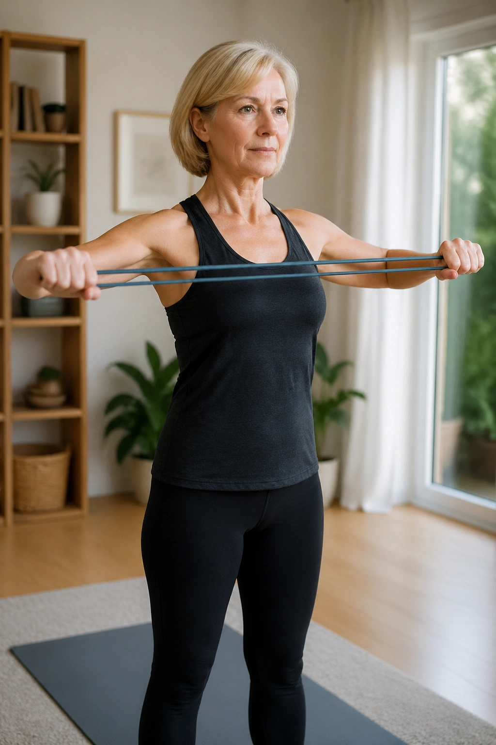 Real woman performing Pilates Band Presses for Upper Back Strength with a light resistance band