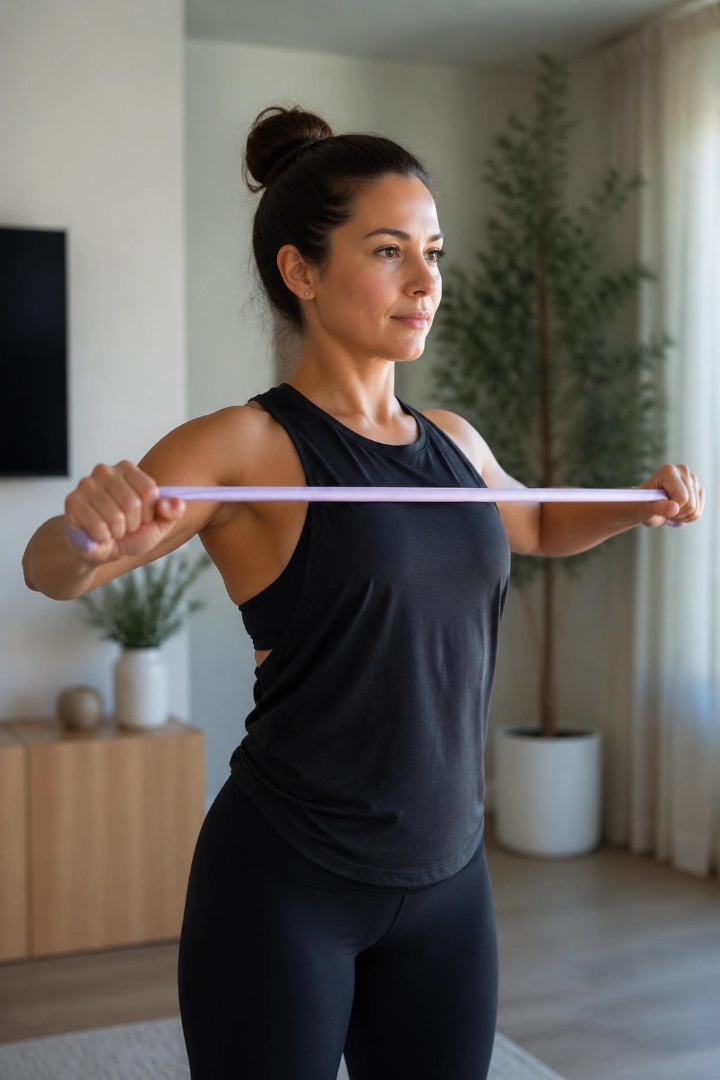 Person pulling apart a resistance band at chest height to improve posture