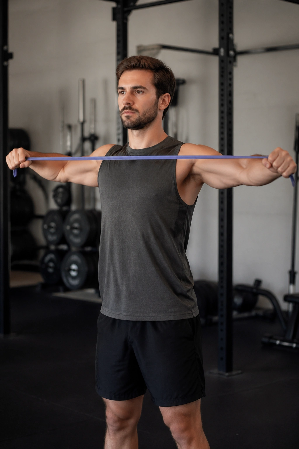 Mid-shot of a person performing band pull-aparts at chest height in a gym