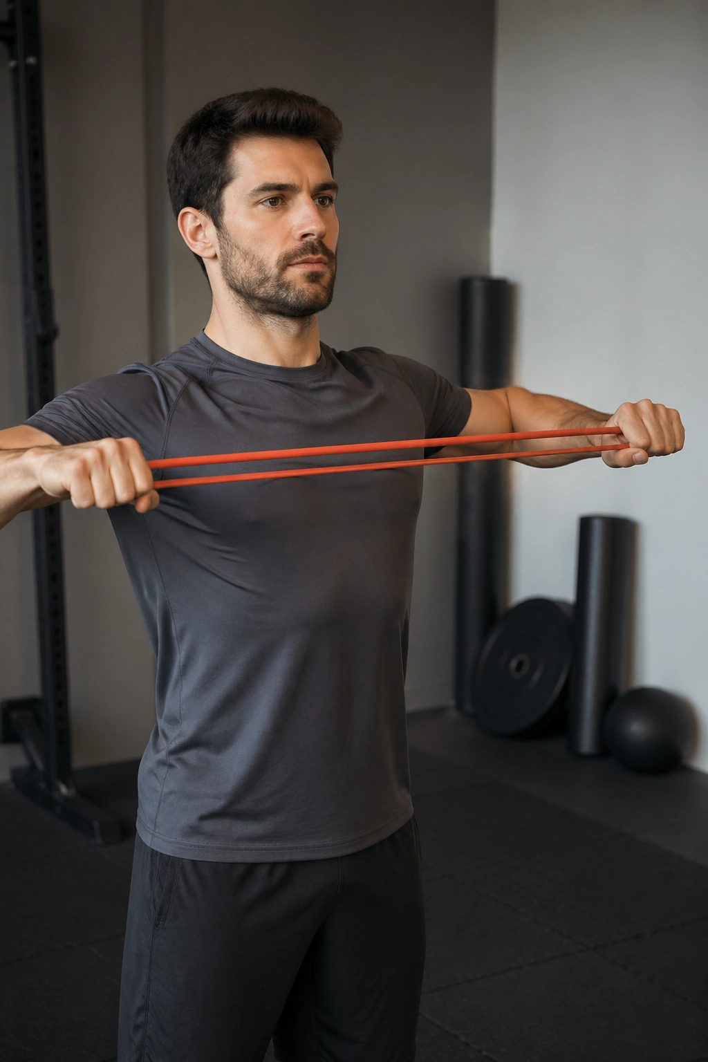 Person performing band pull-aparts to wake upper back muscles