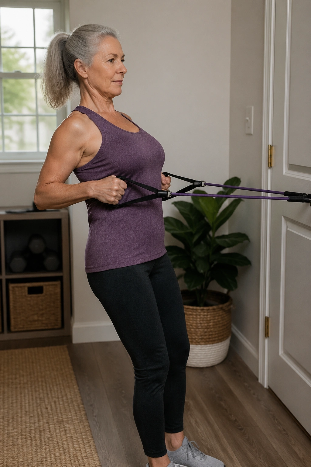 Older woman performing resistance-band rows with core brace in a home gym