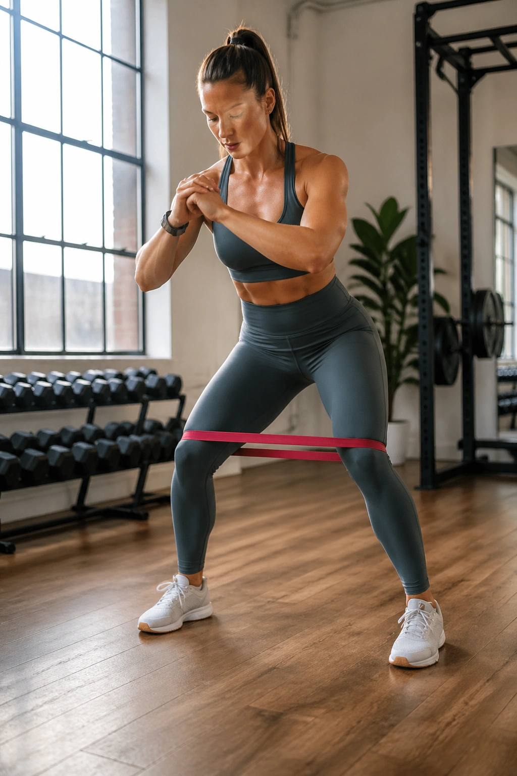 Mid-shot of a person performing lateral band steps with a knee-band to warm up glutes