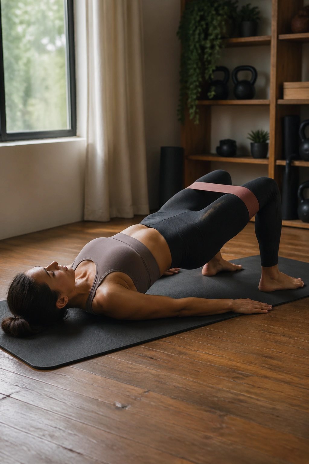 Close-up of a real person performing a banded glute bridge with resistance band above the knees on a mat