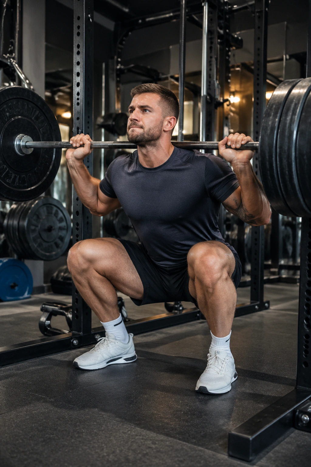 Lifter performing Barbell Back Squat in a gym with bar on traps