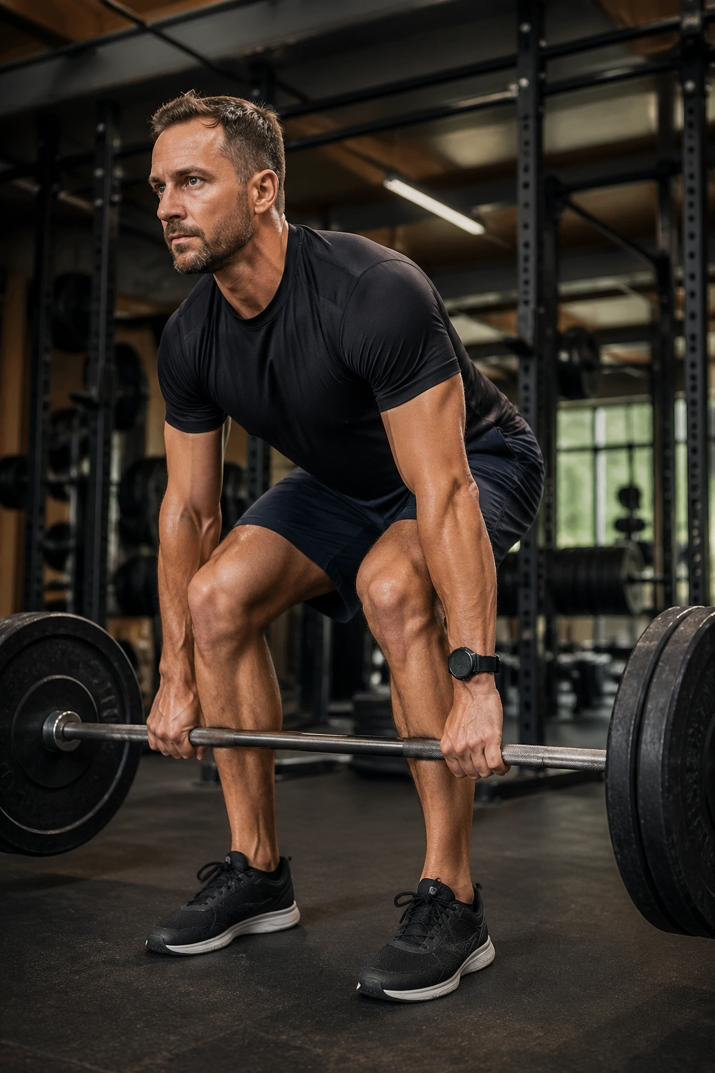 Person mid-deadlift with barbell in gym