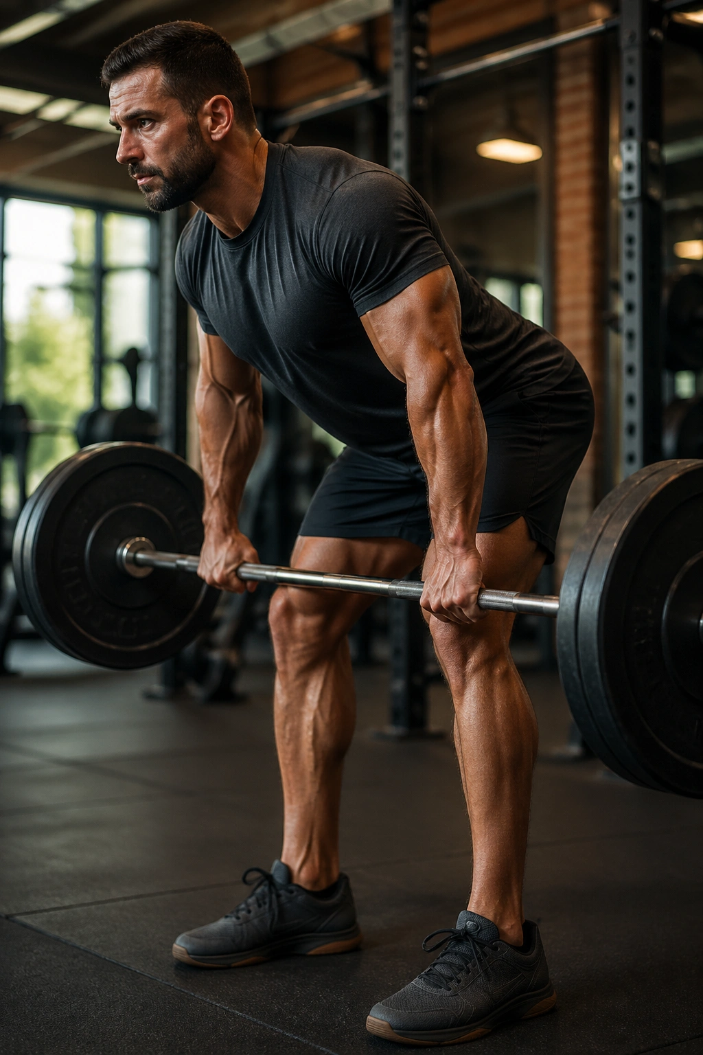 Close-up of lifter mid-transition with barbell during complex in gym