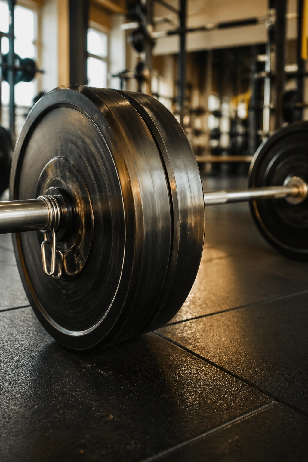 Barbell on the gym floor ready for a complex lifting sequence