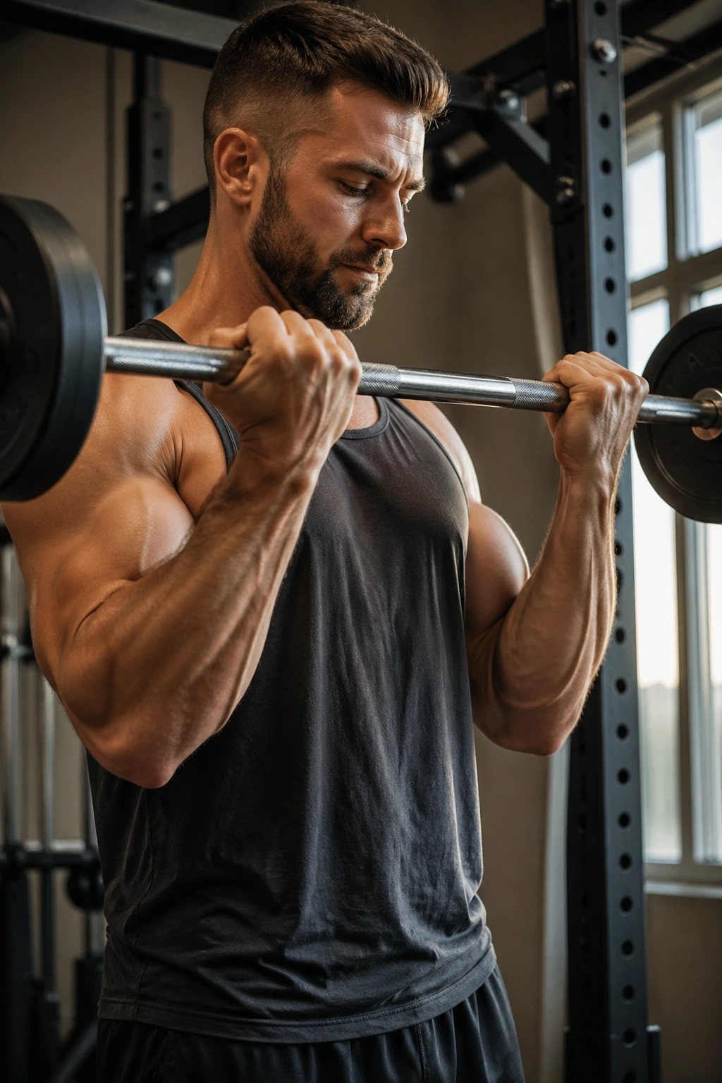 Close-up of barbell curl showing bent arms and loaded forearms
