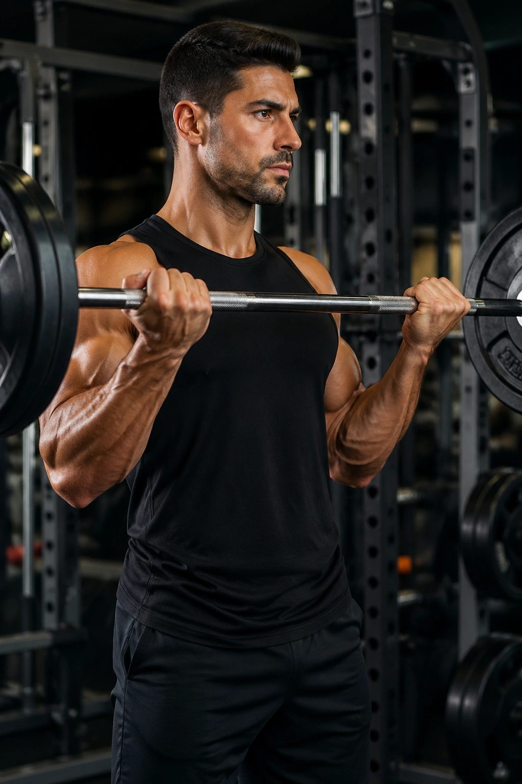 Close-up of arms and barbell during a standing barbell curl in a gym, biceps contracted